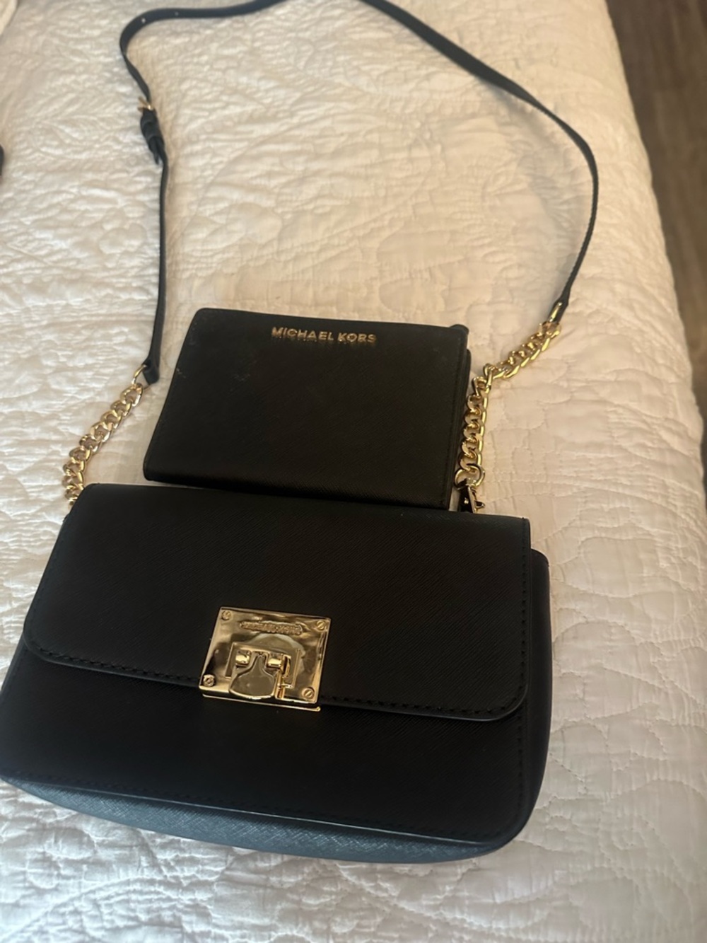 Michael Kors Black set. Crossbody with Gold Chain and Card Case matching wallet.